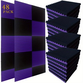 Resim 48 adet Siyah ve Mor Köpük Akustik Kama Panelleri - 30.48cm x 30.48cm x 2.54cm Stüdyo Kaydı için Ses Yalıtımlı Duvar Panelleri, Gürültü Azaltma ve Müzik Aleti İzolasyonu (24 Siyah + 24 Mor), Ses İzolasyon Kurulumu | Kama Desen Tasarımı | Dokulu Yüzey, Akustik Ses Panelleri 