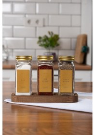 Resim Mienda Home 3'lü Ahşap Standlı Cam Baharatlık Seti Gold Kapaklı Etiketli Baharatlık Takımı Gold - Şeffaf 