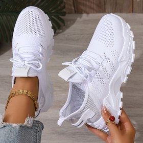 Resim Kadınların Nefes Alabilen File Casual Sneakers - Hafif, Rahat Koşu Ayakkabıları ile Yumuşak PVC Taban, Beyaz Düşük-Top Bağcıklı Tasarım, Casual Kıyafet, Seyahat ve Yürüyüş için, Casual Yürüyüş Ayakkabıları | Casual Stil Ayakkabıları | Rahat Uygunluk 