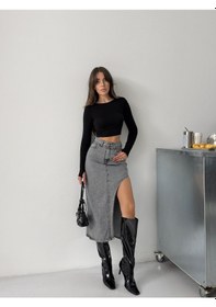 Resim Kadın Uzun Ön Parçalı Asimetrik Kot Etek Kar Siyahı 