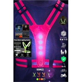 Resim Reflektif Işıklı Yelek Kırmızı Fosforlu Neon Bisiklet, Motosiklet,scooter Gece Ikaz Uyarı Reflektör Yelek 