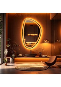 Resim Diagonale Amber Led'li Kumlamalı Lavabo & Banyo Aynası Dokunmatik Sensörlü 90 X 60 Turuncu 