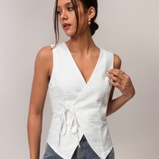 Resim Kadınlar için Kolsuz V Yaka Tank Üstü - Zarif Beyaz Dantel Detaylı Arka Detay, Rahat Yazlık İş Giyim, Nefes Alabilen Polyester Kumaş, Minimalist Düz Renk Tasarımı, Günlük Moda | Çok Yönlü Moda | Bağcıklı Detay 