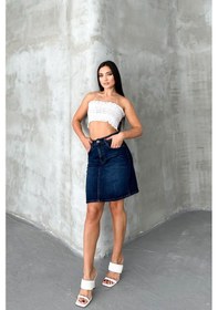 Resim HLT Jeans Koyu Mavi Kadın Regular Fit Yüksek Bel Orta Boy Denim Kot Etek Alice-4006 Koyu Mavi 