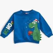 Resim Erkek Bebek Yılbaşı Temalı Dinozor Baskılı Sweatshirt Bisiklet Yaka Uzun Kollu 