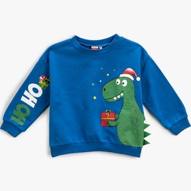 Resim Erkek Bebek Yılbaşı Temalı Dinozor Baskılı Sweatshirt Bisiklet Yaka Uzun Kollu 