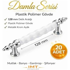Resim Damla Lüks Polimer Mobilya Kulpu 128 Mm Beyaz-krom 20 Adet Mutfak Dolabı Çekmece Vestiyer Kulpu Gümüş 