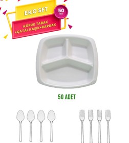 Resim Anı 50 Adet Gözlü Köpük Tabak - Plastik Çatal,Kaşık 50'li Set 