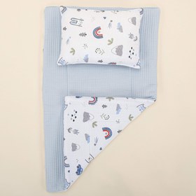 Resim Alt Açma Matı ve Yastık - Çift Taraflı - Bebe Mavi Petek - Mavi Kedi 