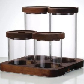 Resim Vakum Kapaklı Cam Kavanoz Seti-akasya Standlı 4'lü Mutfak Organizeri Baharatlık Şeffaf 