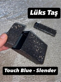 Resim Lüks Taş Taşlı Sigara Kutusu Ve Çakmak ( Slender ) Touch Blue 