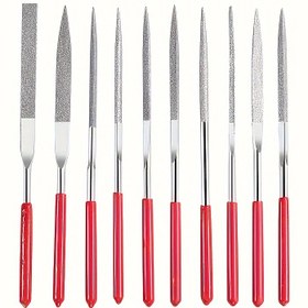 Resim 10 adet elmas mini elmas törpü seti, 140mm/5.5 inç, kırmızı saplı pratik törpü aracı, ahşap işleme törpüsü, iğne törpüsü, mücevher cilalama ve oyma küçük törpüler, ahşap, seramik, mücevher cilalama ve detay işi için uygun, ergonomik kırmızı sap, çeşitli küçük törpüler, taşlama araçları, küçük patlayıcı kauçuk bıçak, hassas mini kauçuk bıçak, zımpara malzemesi 