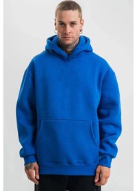 Resim Barlashive Erkek Oversize 3 İplik Pamuklu Kapüşonlu Kanguru Cepli Hoodie Sweatshirt - Saks Mavisi Çok Renkli 