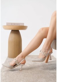 Resim Feles Zımba Detaylı Topuklu Arkası Açık Kadın Stiletto Ayakkabı Bej 