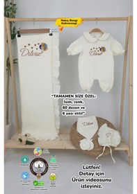 Resim Gros Shop Müslin Yeni Doğan 4katlı Organik %100pamuk Kişiye Özgü Nakışlı Hastane Çıkış Seti Çoklu Balon Ekru-2 