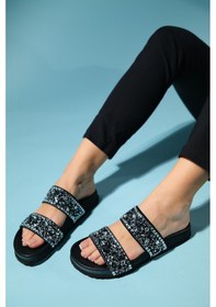 Resim Luvishoes James Siyah Taşlı Çift Bantlı Hakiki Deri Kadın Terlik Siyah 