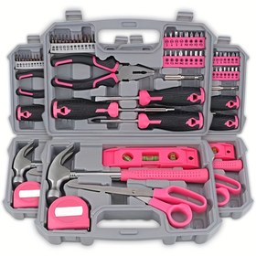 Resim 13 parça pembe ev aleti seti - Dayanıklı çelik el aletleri kiti, sağlam kılıf, alaşım ve plastik, altıgen anahtar, tornavida, penses, şerit ölçüsü - Temel ev tamir aleti kombin kiti 