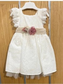 Resim Lamato Baby Yazlık Keten Kemerli Çiçek Aksesuarlı Bebe Kız Elbise Ekru 