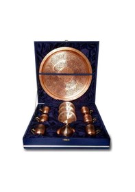 Resim 6 Kişilik Bakır Kahve Fincanı Üzüm İşlemeli Kadife Kutulu Metalik 