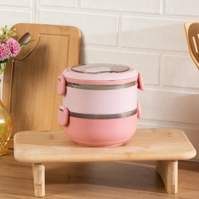 Resim 66732-1 Stainless Steel Vakumlu Lunch Box Iki Katlı Paslanmaz Çelik Kolay Kilitlenir Kendinden Kaşıklı Sefer Tası – 1000ML Pembe 