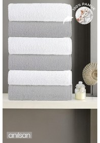 Resim 6'lı Gri-beyaz El Havlusu - 50x90 Cm, 225 Gr, %100 Pamuk, Spa Ve Otel Havlusu Beyaz - Gri 