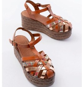 Resim 684-02 Taba Garni Ortopedik Hakiki Deri Dolgu Kadın Sandalet Taba 