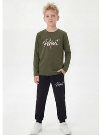 Resim Panios Kids 3'lü Yuvarlak Yaka Sweatshirt Siyah Eşofmanlı Baskı Detaylı 6 Parça Erkek Çocuk Alt Üst Takım Kırmızı - Lacivert 