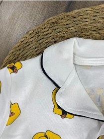 Resim Kruvaze Yaka Önden Düğmeli Rahat Kalıp Yazlık Unisex Bebek Pijama Takımı %100 Pamuk 4bb2 Beyaz 