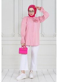 Resim Sevitli Gül Broşlu Kolu Fırfırlı Tunik-pembe-3610-pembe Pembe 