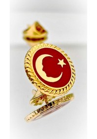Resim Yörük Tasarım Türk Bayrağı Atatürk Siluetli Altın Kaplama Mineli Yaka Rozeti Altın 