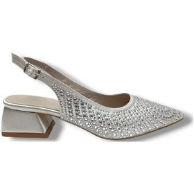 Resim Defne 795-26 Saten Güneş Taşlı Kare Topuk Arkası Açık Kadın Stiletto GÜMÜŞ 