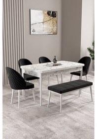 Resim Milas Beyaz Mermer Desen 80x132 Mdf Açılabilir Yemek Masası Takımı 4 Sandalye, 1 Bench Siyah 
