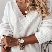 Resim Sonbahar ve kış için düz renkli sade örgü kazaklar, gündelik V yaka uzun kollu kazaklar, şık ve popüler kadın giyim 