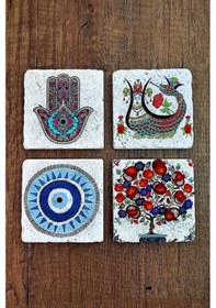 Resim Taş Bardak Altlığı Nar Ağacı Şahmeran Nazar Hamsa Baskılı Baskılı 4'lü Set - Stone Coasters Çok Renkli 