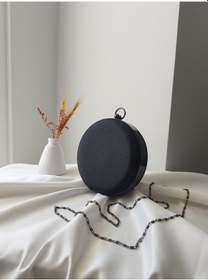 Resim Vivazzaluxe Modern Yuvarlak Model Simli Düğün Nişan Gelin Kadın Abiye Clutch Çanta Siyah 