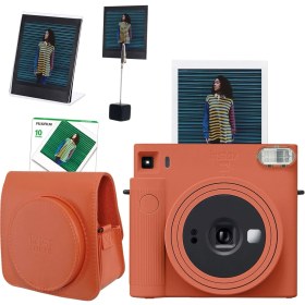 Resim Fujifilm Instax Sq1 Terracotta Turuncu Fotoğraf Makinesi 10'lu Kare Film Deri Kılıf Pleksi Çerçeve ve Kıskaçlı Stand Seti 