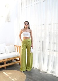Resim Defymoda Keten Düğme Detayli Dökümlü Palazzo Pantolon Yeşil 
