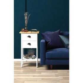 Resim Mobu Concept Beyaz Gövde Retro Çekmeceli Meşe Tabla Komodin 