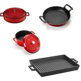 Resim Döküm Demir Tencere Seti 6 Parça Kırmızı Kırmızı 