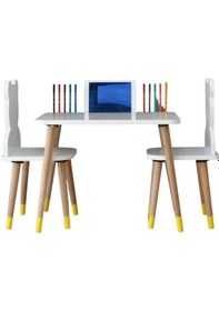 Resim Liva Ahşap Çocuk Aktivite Oyun 1 Masa 2 Sandalye Takımı 2-6 Yaş Ayıcıklı -tablet Yeri Beyaz- Ayaklar Sarı 