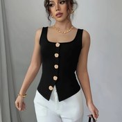Resim Kadınlar için Günlük Kolsuz Yuvarlak Yaka Yelek - Bej Düğmeli Siyah, Hafif Esnek Yazlık Üst, Makinede Yıkanabilir Çok Yönlü Katmanlama İçin, Dekoratif Düğmeler, Kolay Bakım Kumaş 