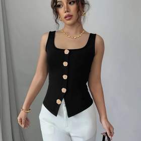 Resim Kadınlar için Günlük Kolsuz Yuvarlak Yaka Yelek - Bej Düğmeli Siyah, Hafif Esnek Yazlık Üst, Makinede Yıkanabilir Çok Yönlü Katmanlama İçin, Dekoratif Düğmeler, Kolay Bakım Kumaş 