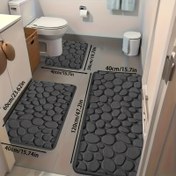 Resim 3 Parça Kabartmalı Çakıl Desenli Banyo Paspas Seti - Kaymaz Emici Yumuşak Polyester Mat, Makinede Yıkanabilir 1.2cm Kalın Duş, Mutfak, Yatak Odası, Giriş İçin - Siyah Geometrik Desen, Banyo Aksesuarları ve Dekorasyon, Parlak Mavi Mermer Banyo Paspası, Uzun Banyo Paspası 
