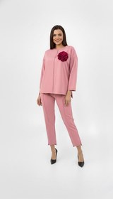 Resim Kadın Büyük Beden Truvakar Kol Çiçek Detaylı İki İplik Eşofman Takımı 8224-26 - XXL / Pembe 