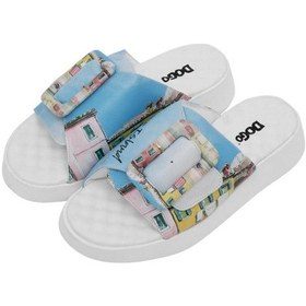 Resim Kadın Vegan Deri Mavi Terlik - Burano Island Tasarım Beyaz 