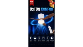 Resim Modern LED Işıklı Tavan Vantilatörü 3 Renk Işık 3 Kademe Hız Sessiz Beyaz Gövde Koyu Ceviz Kanat Avize 