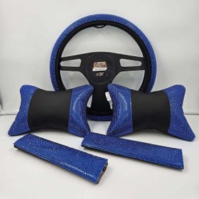 Resim Pırlanta Saks Mavi Direksiyon Kılıfı Taşlı Boyun Yastığı Ve Emniyet Kemer Pedi 3 Lü Tam Set Mavi 