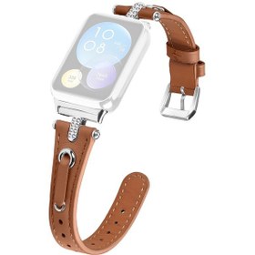 Resim Xiaomi Smart Band 8 Pro İçin İnce Kayış Yapay Elmas Hakiki İnek Deri Saat Bandı Gümüş Toka - Kahverengi 