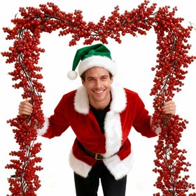 Resim 1 Adet Büyük 72 İnç Yapay Kırmızı Meyve Çelengi - Sarmaşık Benzeri Asma Dallarla - Tüm Mevsimler İçin İç/Dış Mekan Asma Dekorasyonu - Noel, Cadılar Bayramı, Hanuka, Paskalya, Şükran Günü İçin - Sağlam Plastik Yapay Çobanpüskülü Çelenk Çerçevesi Uyumlu 