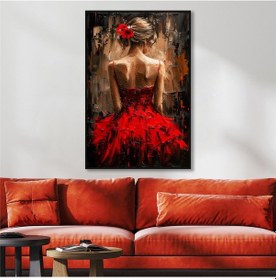 Resim Yağlı Boya Dokulu Tablo Modern Kırmızı Elbiseli Sırtı Dönük Kadın Siyah Çerçeveli U05010-178962 